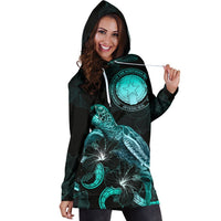 CNMI Polynesian Hoodie Dress - Turtle With Blooming Hibiscus Turquoise - Polynesian Pride
