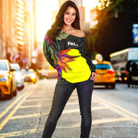 Palau Women's Off Shoulder Sweater - Polynesian Hibiscus Pattern - Polynesian Pride