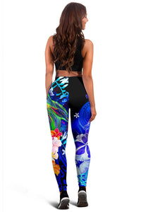 Polynesian Hawaii Women's Leggings - Humpback Whale with Tropical Flowers (Blue) - Polynesian Pride