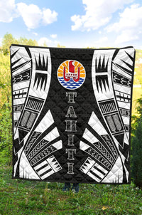 Tahiti Premium Quilt - Tahiti Flag Polynesian White Tattoo (Black) - Polynesian Pride