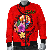 Tahiti Polynesian Men's Bomber Jacket - Floral With Seal Red - Polynesian Pride