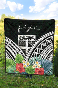 Fiji Premium Quilt - Fiji Coat of Arms & Polynesian Tropical Flowers White - Polynesian Pride