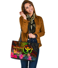 Polynesian Hawaii Kanaka Maoli Polynesian Large Leather Tote Bag - Hibiscus and Banana Leaves - Polynesian Pride