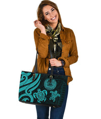 American Samoa Large Leather Tote - Turquoise Tentacle Turtle - Polynesian Pride