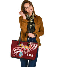 Guam Large Leather Tote Bag - Guam Seal Polynesian Patterns Plumeria (Red) - Polynesian Pride