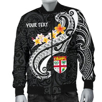 Fiji Custom Personalised Men's Bomber Jacket - Fiji Seal Polynesian Patterns Plumeria (Black) - Polynesian Pride