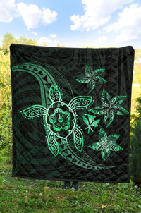 Kanaka Map Hibiscus Plumeria Turtle Art Turquoise Polynesian Premium Quilt - Polynesian Pride