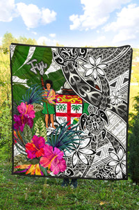 Fiji Premium Quilt White - Turtle Plumeria Banana Leaf Crest - Polynesian Pride