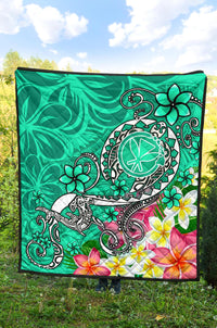 Hawaii Premium Quilt - Turtle Plumeria Polynesian Tattoo Turquoise Color - Polynesian Pride