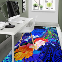 Polynesian Hawaii Area Rug - Humpback Whale with Tropical Flowers (Blue) - Polynesian Pride
