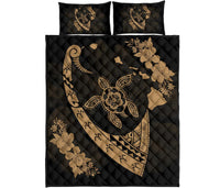 Hawaiian Map Hibiscus Turtle Fish Hook Polynesian Quilt Bedding Set Gold Gold - Polynesian Pride