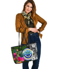 Federated States of Micronesia Large Leather Tote Bag - Turtle Plumeria Banana Leaf - Polynesian Pride