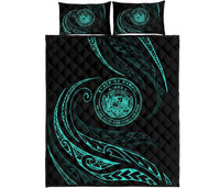 Hawaii Coat Of Arms Quilt Bed Set - Turquoise - Frida Style Black - Polynesian Pride