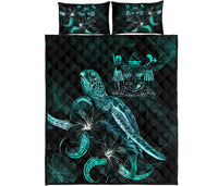 Fiji Polynesian Quilt Bed Set - Turtle With Blooming Hibiscus Turquoise - Polynesian Pride