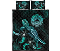 American Samoa Polynesian Quilt Bed Set - Turtle With Blooming Hibiscus Turquoise - Polynesian Pride