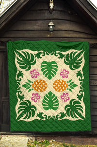 Hawaiian Pineapple Hibiscus Pattern Premium Quilt - Burgundy - Argu Style - AH - Polynesian Pride