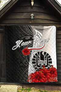 Tahiti Polynesian Custom Personalised Premium Quilt - Coat Of Arm With Hibiscus White - Polynesian Pride