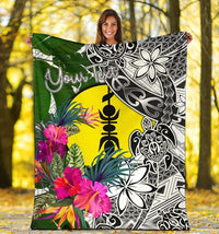 New Caledonia Custom Personalised Premium Blanket White - Turtle Plumeria Banana Leaf - Polynesian Pride