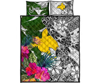 Papua New Guinea Custom Personalised Quilt Bet Set White - Turtle Plumeria Banana Leaf - Polynesian Pride