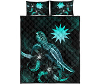 Nauru Polynesian Quilt Bed Set - Turtle With Blooming Hibiscus Turquoise - Polynesian Pride