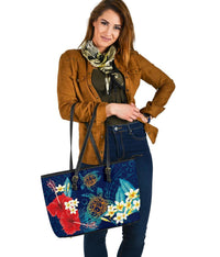 Hawaii Turtle Hibiscus Polynesian Large Tote Bag - Blue - Edna Style - AH - Polynesian Pride