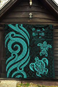 Fiji Polynesian Premium Quilt - Turquoise Tentacle Turtle Crest - Polynesian Pride