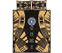 Northern Mariana Islands Quilt Bed Set - Northern Mariana Islands Seal & Polynesian Yellow Tattoo Style Yellow - Polynesian Pride