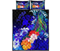 Tonga Quilt Bed Set - Humpback Whale with Tropical Flowers (Blue) - Polynesian Pride
