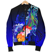 Guam Men's Bomber Jacket - Humpback Whale with Tropical Flowers (Blue) - Polynesian Pride