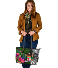 Fiji Large Leather Tote Bag - Turtle Plumeria Banana Leaf Crest - Polynesian Pride