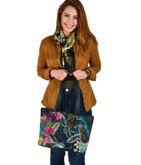 Hawaii Map Turtle Swimming Hibiscus Plumeria Moana Small Leather Tote Bag - Polynesian Pride