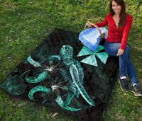 Wallis and Futuna Polynesian Premium Quilt - Turtle With Blooming Hibiscus Turquoise - Polynesian Pride