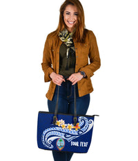 Guam Personalised Large Leather Tote Bag - Guam Seal Polynesian Patterns Plumeria (Blue) - Polynesian Pride