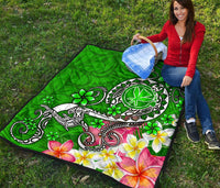 Hawaii Premium Quilt - Turtle Plumeria Polynesian Tattoo Green Color - Polynesian Pride