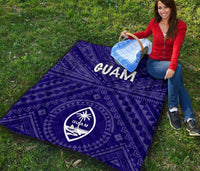 Guam Premium Quilt - Guam Seal With Polynesian Tattoo Style (Blue) - Polynesian Pride