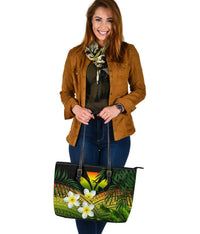 Kanaka Maoli (Hawaiian) Leather Tote Bag, Polynesian Plumeria Banana Leaves Reggae - Polynesian Pride