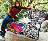 Nauru Premium Quilt White - Turtle Plumeria Banana Leaf - Polynesian Pride