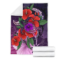 Polynesian Hawaii Premium Blanket - Purple Hibiscus Turtle Flowing - Polynesian Pride