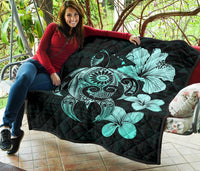 Hibiscus Plumeria Mix Polynesian Turquoise Turtle Premium Quilt - Polynesian Pride