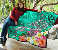 Polynesian Premium Quilt - Turtle Plumeria Turquoise Color - Polynesian Pride