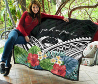 Pohnpei Premium Quilt - Pohnpei Coat of Arms & Polynesian Tropical Flowers White - Polynesian Pride