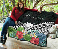 Nauru Premium Quilt - Nauru Coat of Arms & Polynesian Tropical Flowers White - Polynesian Pride