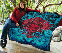 Hawaii Polynesian Premium Quilt - Hawaiian Red Tiki Face (Black Torquoise) - Polynesian Pride