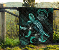 Palau Polynesian Premium Quilt - Turtle With Blooming Hibiscus Turquoise - Polynesian Pride
