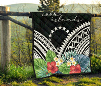 Cook Islands Premium Quilt - Cook Islands Coat of Arms & Polynesian Tropical Flowers White - Polynesian Pride