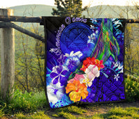 American Samoa Polynesian Premium Quilt - Humpback Whale with Tropical Flowers (Blue) - Polynesian Pride