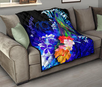 Pohnpei Premium Quilt - Humpback Whale with Tropical Flowers (Blue) - Polynesian Pride
