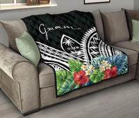 Guam Premium Quilt - Guam Coat of Arms & Polynesian Tropical Flowers White - Polynesian Pride