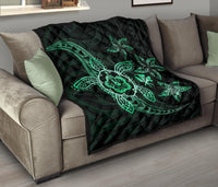 Kanaka Map Hibiscus Plumeria Turtle Art Turquoise Polynesian Premium Quilt - Polynesian Pride