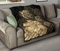 Hawaiian Map Turtle Hibiscus Vintage Polynesian Premium Quilt Gold - Polynesian Pride